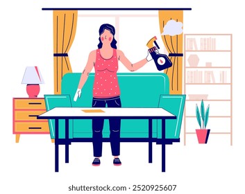 Woman housewife engaged in home cleaning vector illustration