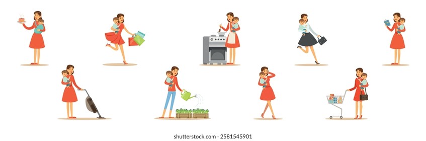 Woman Housewife Engaging in Different Domestic Works Vector Illustrations Set