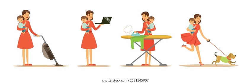 Woman Housewife Engaging in Different Domestic Works Vector Illustrations Set
