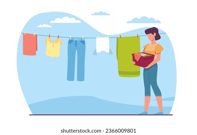 Una ama de casa cuelga la ropa lavada en el tendedero. Ropa colgada de la cuerda. Ropa interior y prendas de vestir adheridas a un cordón. Concepto vectorial aislado de estilo plano de caricatura