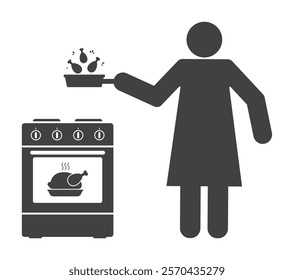 Woman housewife hold fry pan with chiken drums near oven kitchenware icon