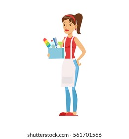 Woman Housewife Holding Box Of Domestic Chemistry And Inventory, Classic Household Duty Of Staying-at-home Wife Illustration