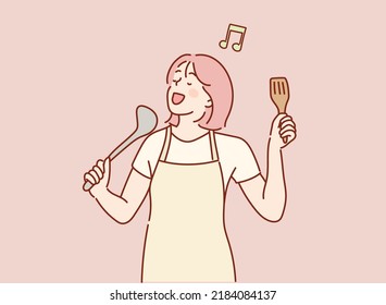 woman housewife holding ladle like microphone singing dancing.  Hand drawn style vector design illustrations.