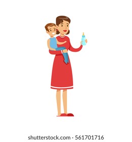 Woman Housewife Holding A Young Kid In Arms Preparing Him A Bottle, Classic Household Duty Of Staying-at-home Wife Illustration
