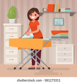 Woman housewife iron clothes on an ironing board. Vector illustration in a flat style