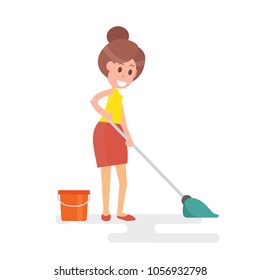 Woman housewife mopping floor