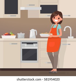 Woman housewife preparing food in the kitchen. Vector illustration in a flat style