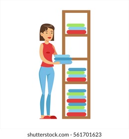 Woman Housewife Ranging Clean Clothes On Shelves, Classic Household Duty Of Staying-at-home Wife Illustration