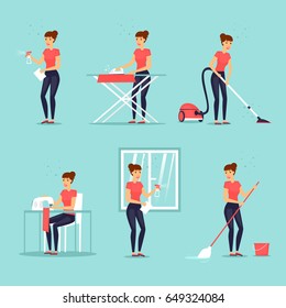 Woman housewife set. Vacuum, wash, iron, sew. Vector illustration flat style.