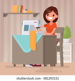 Woman housewife sews on the sewing machine. Vector illustration in a flat style
