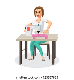 Woman housewife sews on the sewing machine. Flat cartoon vector illustration