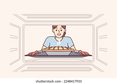 Woman housewife takes ready-made pie out of oven to please family with delicious treat during dinner. Face of girl using gloves taking baking sheet with baked dish from oven. Flat vector illustration 