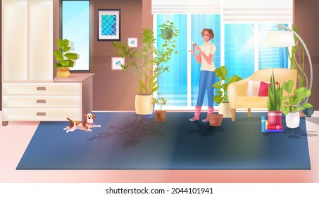 woman housewife using pruners cutting houseplants homework concept living room interior
