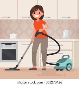 Woman housewife vacuuming the room. Vector illustration in a flat style