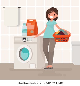 Woman housewife washes clothes in the washing machine. Vector illustration in a flat style