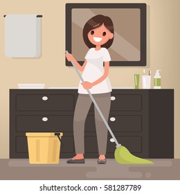 Woman housewife washes a floor mop. Vector illustration in a flat style