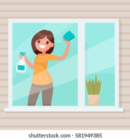 Woman housewife wipes dust from a window in the house. Vector illustration in a flat style