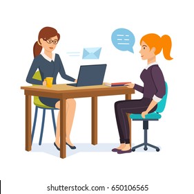 Woman HR interviews an employer with a potential employee, communicates, exchanges information and data. Vector illustration isolated on white background in cartoon style.