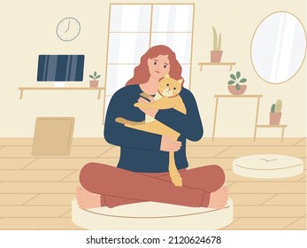 woman hug a big cat in house, embrace a cat, hugging a pet, orange colors cat, fat chubby happy cat, animal lovers, cute animal, love, valentine day for animal.