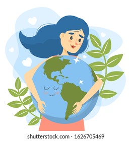 Woman hug earth vector isolated. Save the earth concept. Girl holding a big globe. Nature lover, ecology friendly lifestyle.