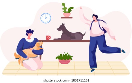 A woman hug her dog with warmth and love, the concept of the relationship between humans and their pets. Female sitting on the floor in livingroom with her domestic animals at home together