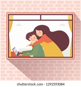 Woman Hug Man Working on laptop  at  the Window on Brick Wall Background Cute Character Illustration Vector
