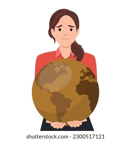Woman hug poluted earth vector isolated. Save the earth concept. Girl holding a big globe. Nature lover, ecology friendly lifestyle. Planet crying. Flat vector