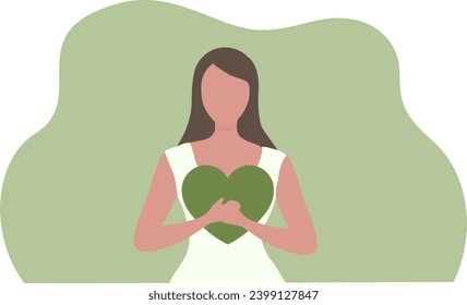 Woman hug red big heart.Self love, care, mindfulness, self acceptance and confidence, go green, environment vector illustration