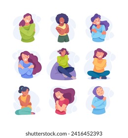 Woman Hug Themselves Taking Care and Show Importance of Oneself Vector Set