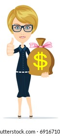 Woman with a huge bag full of money. Stock vector illustration for poster, greeting card, website, ad, business presentation, advertisement design.