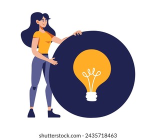 Mujer con el icono enorme de la bombilla. Ilustración vectorial de estilo plano. Educación, estudio, decisión, idea, solución, visión, concepto de inspiración.