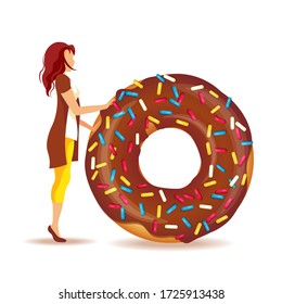 Woman with huge chocolate donut. Bakery, Donut Shop, Sweet products, Confectionery, Dessert, Breakfast concept. Vector illustration for poster, banner, commercial, menu. 