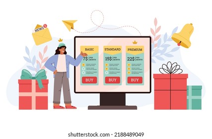 Woman and huge computer monitor with various subscription rates flat style, vector illustration isolated on white background. Gift boxes, character advertises subscription, bell