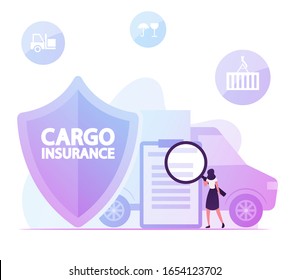 Woman with Huge Magnifying Glass Reading Contract for Cargo Insurance Service near Shield Symbol and Shipping Truck. Freight Delivery Guarantee, Protection of Goods. Cartoon Flat Vector Illustration