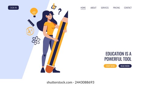 Woman with huge pencil and educational icons. Flat style vector illustration for website, web page. Education, knowledge, studying concept.