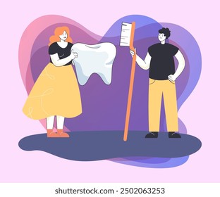 Woman with huge tooth and man with toothbrush. Oral cavity care hygiene products flat vector illustration. Stomatology, daily routine, dental health concept