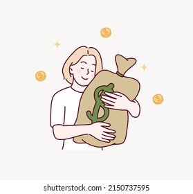 woman hugging big bag with money. Hand drawn style vector design illustrations.