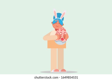 A woman hugging a big egg, Happy Easter day theme. Simple vector illustration, this illustration can use as a sticker also. 