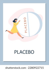 Woman hugging big placebo pill, medical poster - abstract flat vector illustration. Happy character feels good after placebo drug treatment. Healthcare and pharmacotherapy.