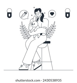 Woman Hugging Bunny Outline Illustration