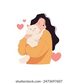 Una mujer abrazando a un gato. Personaje de la caricatura de la persona que sostiene al gato en el fondo blanco. Ilustración vectorial aislada en blanco.