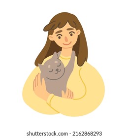 Woman hugging a cat. Girl with a pet in her arms. Portrait of cat lover. Flat style vector illustration isolated on white background.