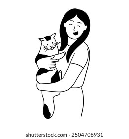 Woman hugging cat Handrawing illustration