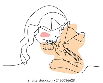 Woman hugging cat One line art vector illustration with Abstract color Shapes. Hand drawn Portrait of Girl holding a kitty. Female and Domestic pet black Continuous drawing silhouette for Decoration