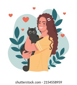 Woman Hugging Cat Young Girl Pet Stock Vector (Royalty Free) 2154558959 ...