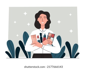 Woman hugging cosmetic. Advertising poster or banner for cosmetic products. Young girl shows her lipstick, cream and powder. Beauty and hygiene, personal care. Cartoon flat vector illustration