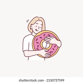 eine Frau, die eine Doughnut umarmt. Handgezeichnete Vektordesign-Illustrationen.