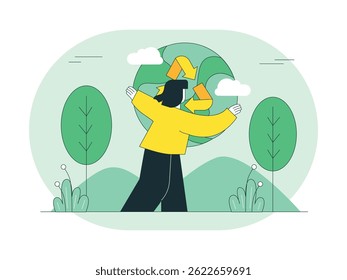 Woman hugging the earth, ecology between living beings and the environment. Character design. Vector flat illustration