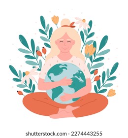 Woman hugging Earth globe. Earth Day, saving planet, nature protect, ecological awareness. Happy Earth Day. Hand drawn vector illustration