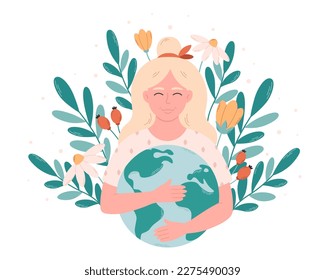 Woman hugging Earth globe. Earth Day, saving planet, nature protect, ecological awareness. Happy Earth Day. Hand drawn vector illustration